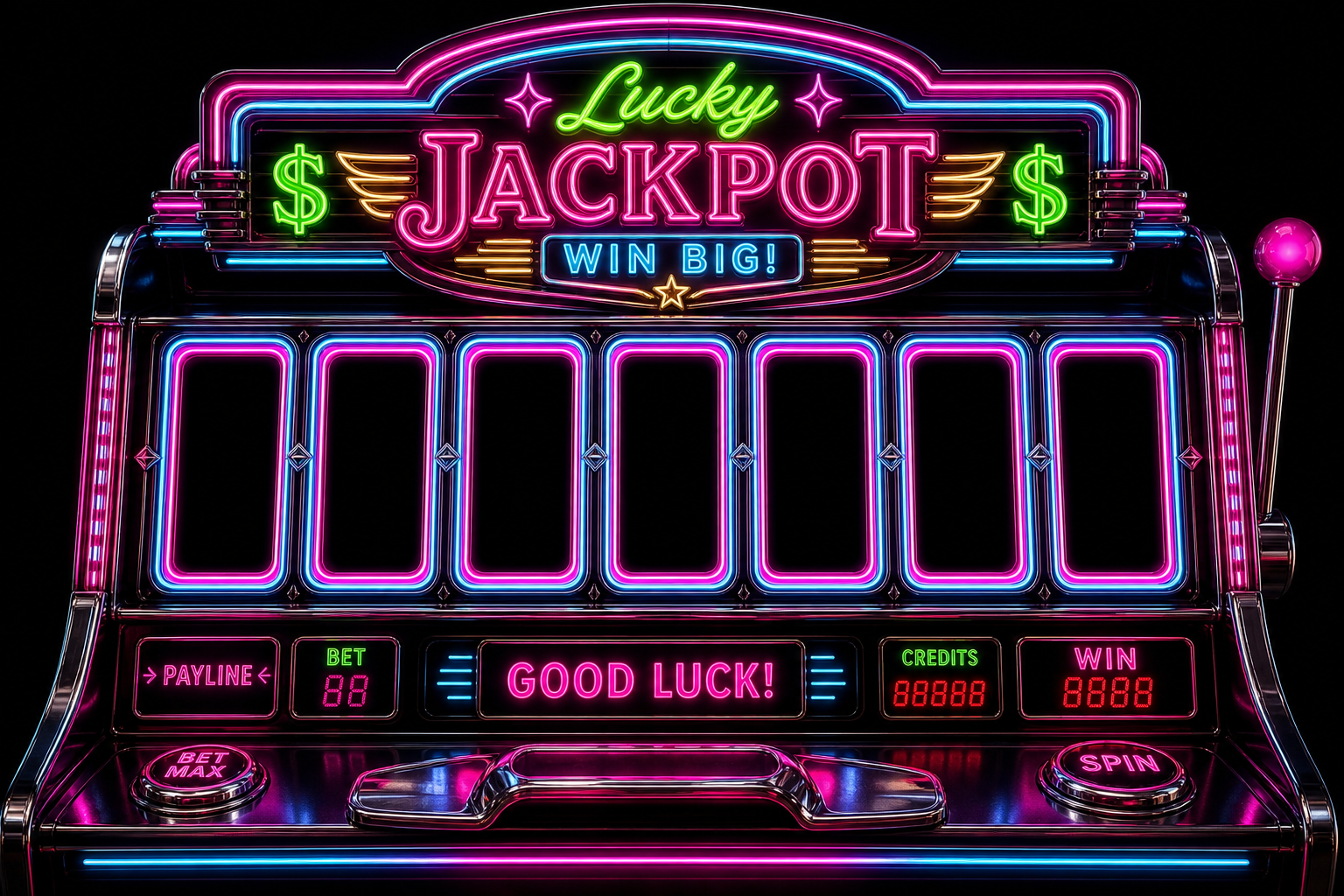 Neon slot machine with seven spinning reels